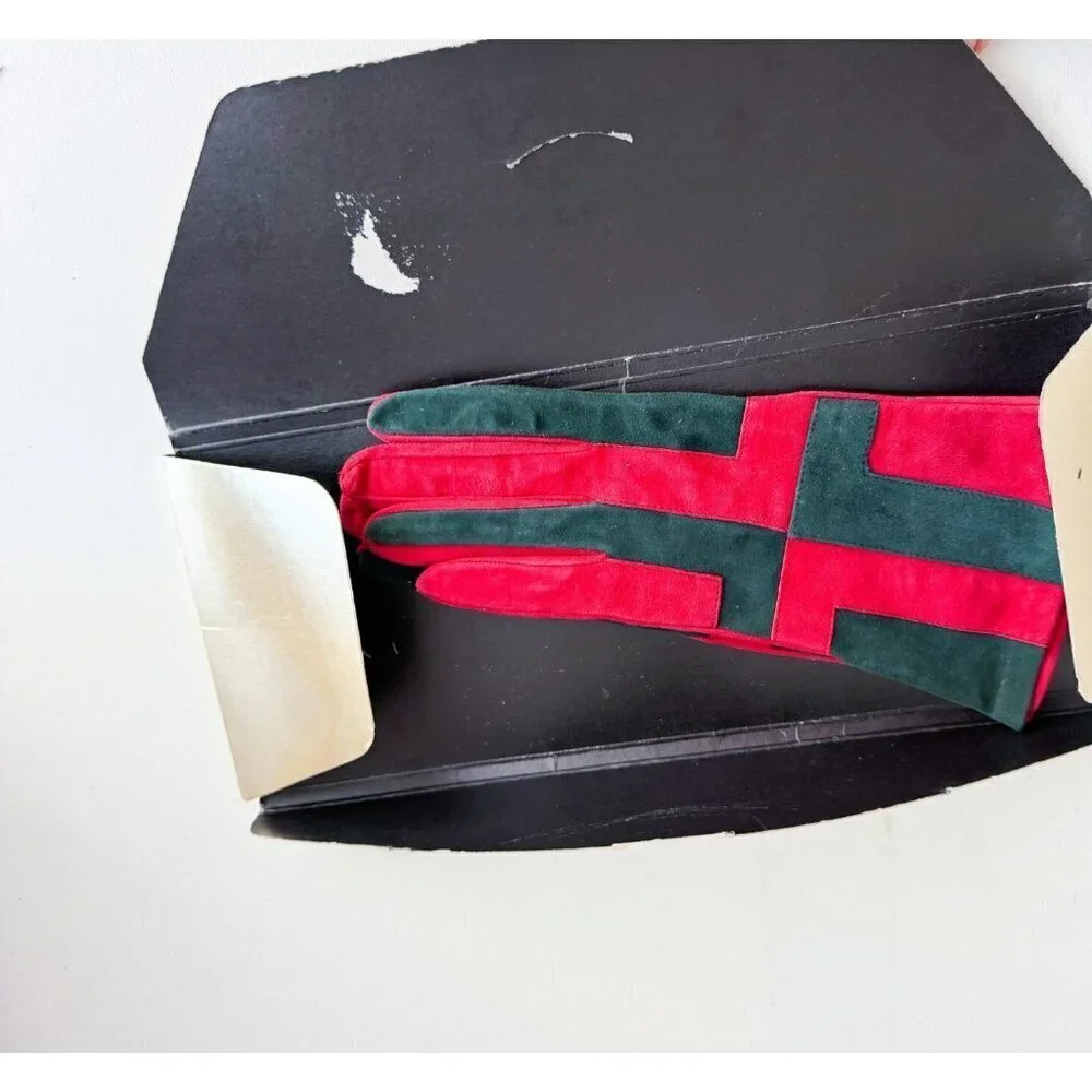 Moschino Red Black Colorblock Suede Gloves w Original Packaging S